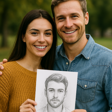 A smiling young couple holding a printed soulmate sketch, with the man’s portrait from the sketch displayed in the image.